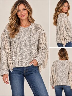 Dear John Chunky Knit Fringe Sweater Boho Oatmeal Beige Oversized XL